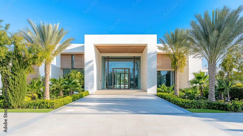 Fototapeta premium Luxury house entrance under a clear blue sky, showcasing elegance and tranquility in a serene outdoor setting.