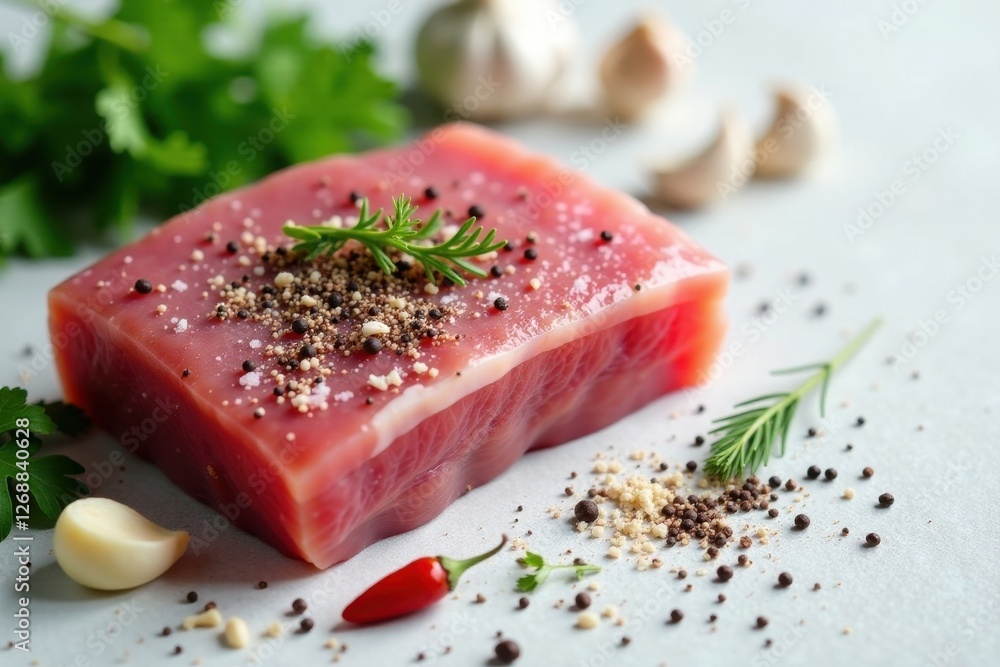 A succulent seasoned cut of meat, ready for cooking, rests on a pristine surface, surrounded by fragrant herbs and spices A succulent seasoned cut of meat, ready for cooking, rests on a pristine surface, surrounded by fragrant herbs and spices