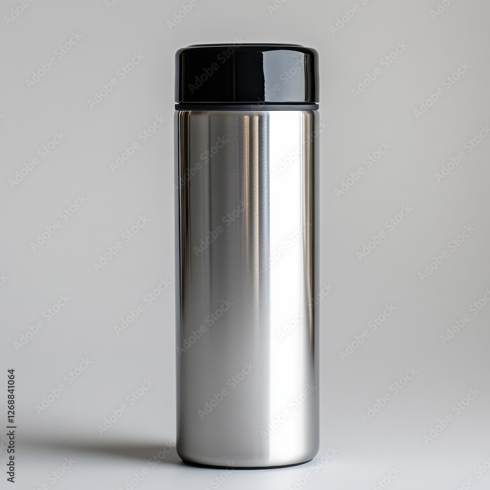 Shiny silver travel flask with black lid for hot and cold beverages on outdoor adventures Shiny silver travel flask with black lid for hot and cold beverages on outdoor adventures