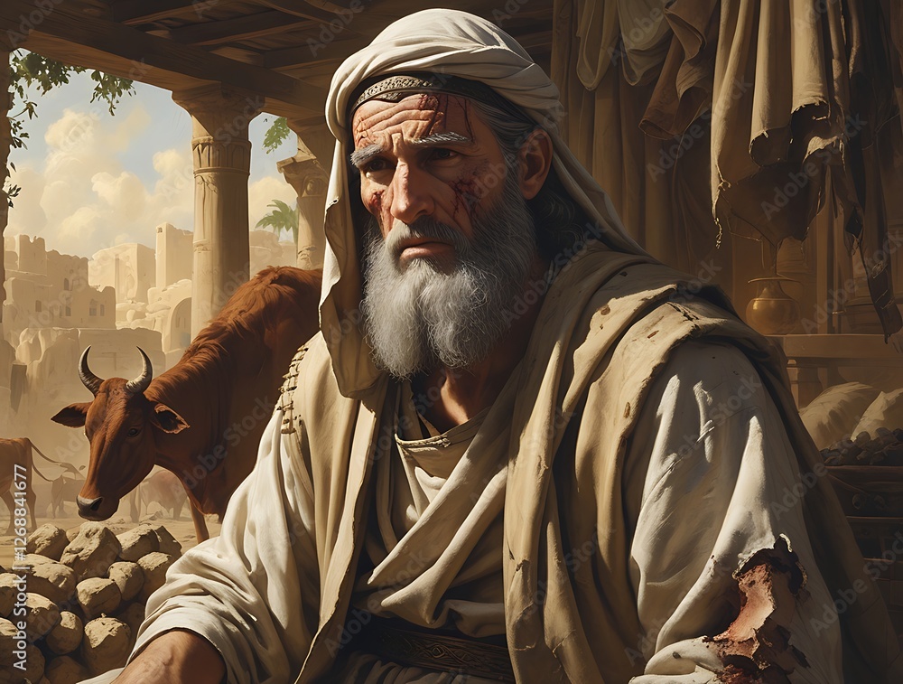 Watercolor painting and illustration of biblical story about Job lost his wealth and children, then Job contracted leprosy which was difficult to cure