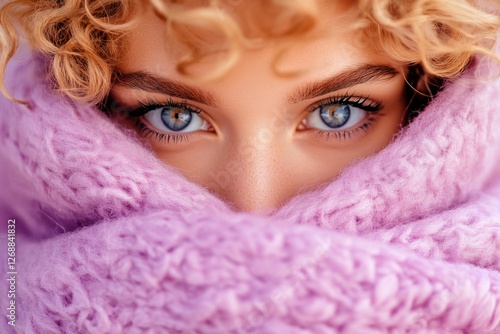 Elegant woman draped in dusty mauve shawl with soft curls and piercing blue eyes in a mysterious and dreamy setting photo