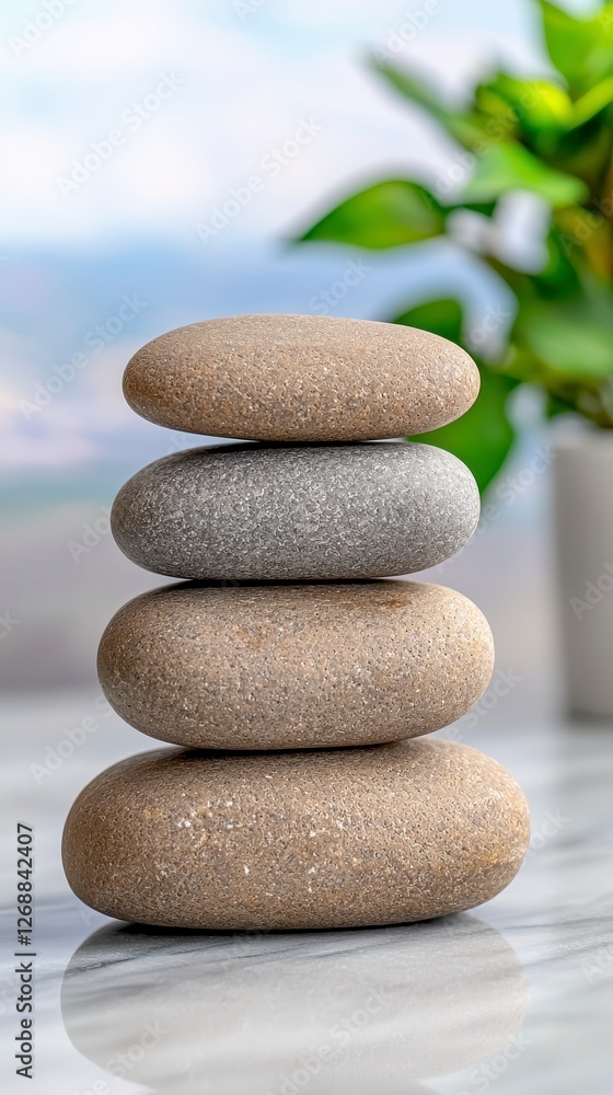 Balanced arrangement of smooth natural stones stacked on top of each other in a harmonious formation Balanced arrangement of smooth natural stones stacked on top of each other in a harmonious formation