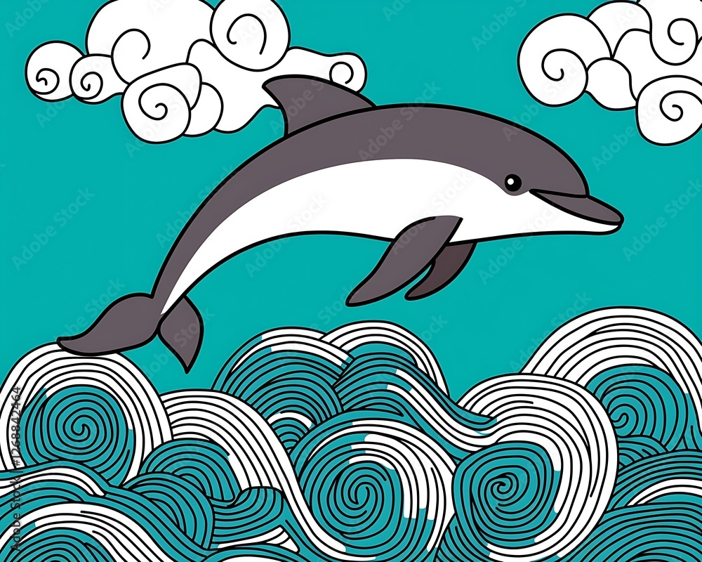 Fototapeta premium Playful Dolphin Swimming Joyfully in Stylized Ocean Waves and Clouds