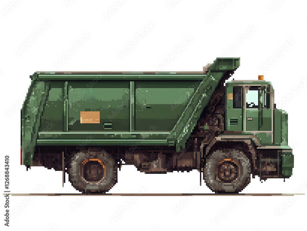 Green Garbage Truck Side View in Pixel Art Style for Illustrations Green Garbage Truck Side View in Pixel Art Style for Illustrations
