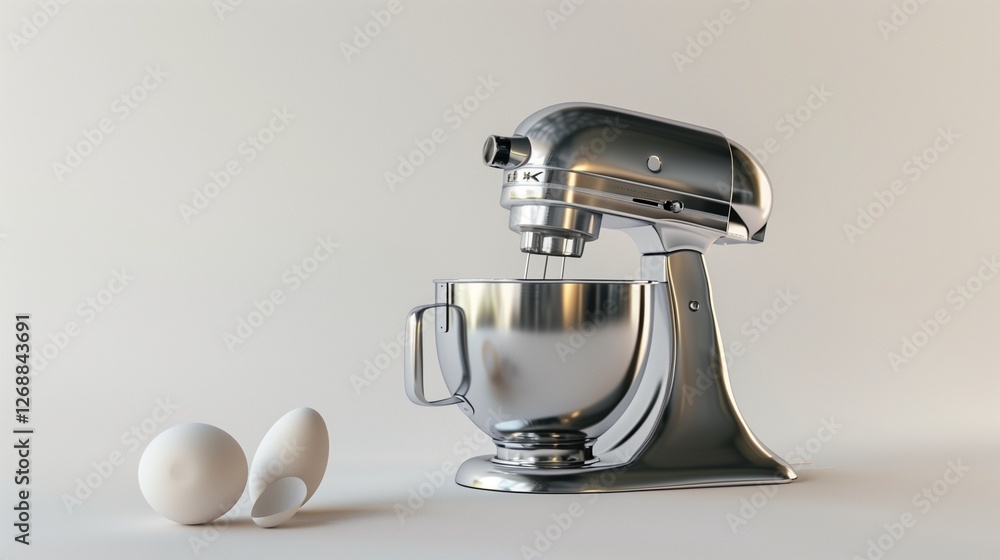 A powerful stand mixer with a stainless steel mixing bowl, neatly arranged on a seamless white background in ultra-realistic sharpness. A powerful stand mixer with a stainless steel mixing bowl, neatly arranged on a seamless white background in ultra-realistic sharpness.