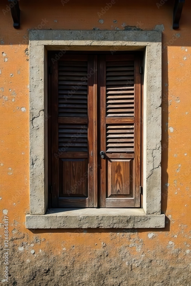 Rustic Wooden Window Shutters on Weathered Ochre Wall Featuring Aged Stone Frame Rustic Wooden Window Shutters on Weathered Ochre Wall Featuring Aged Stone Frame