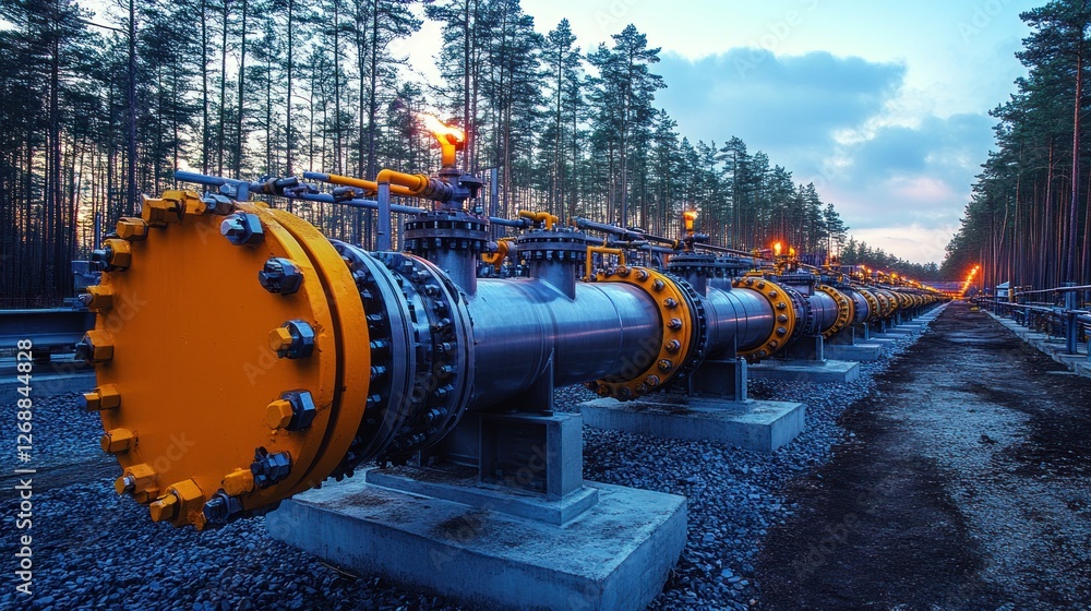 Gas pipeline infrastructure in forest at dusk. Gas pipeline infrastructure in forest at dusk.