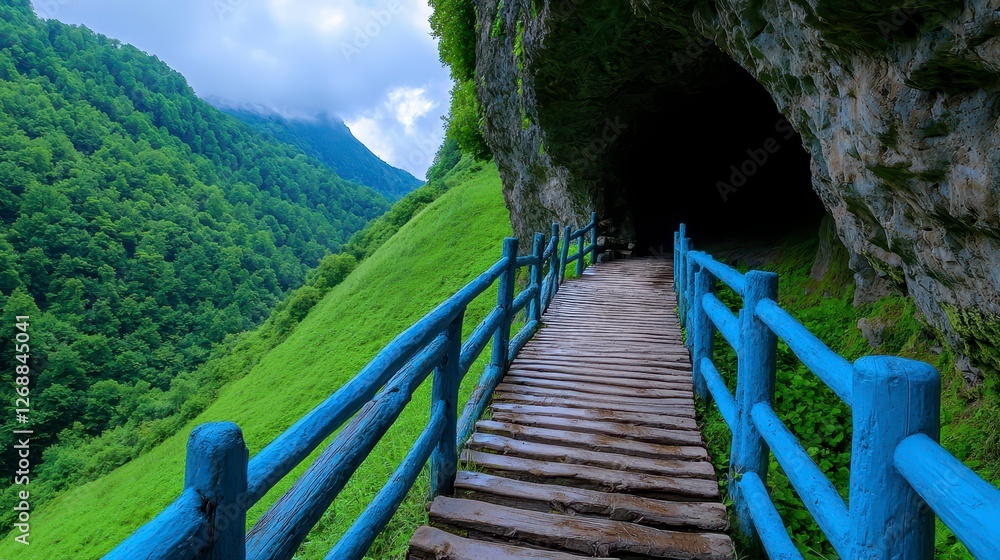 Wooden bridge leading to cave entrance with tourists exploring mysterious natural site Wooden bridge leading to cave entrance with tourists exploring mysterious natural site