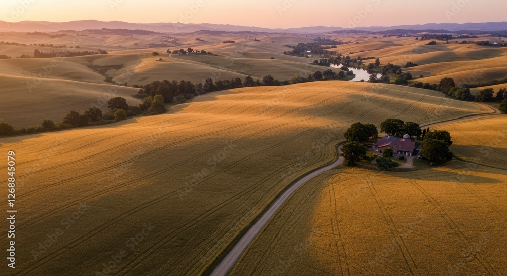 Tuscan Landscape Aerial View at Sunrise with Farmhouse and Winding Road Tuscan Landscape Aerial View at Sunrise with Farmhouse and Winding Road