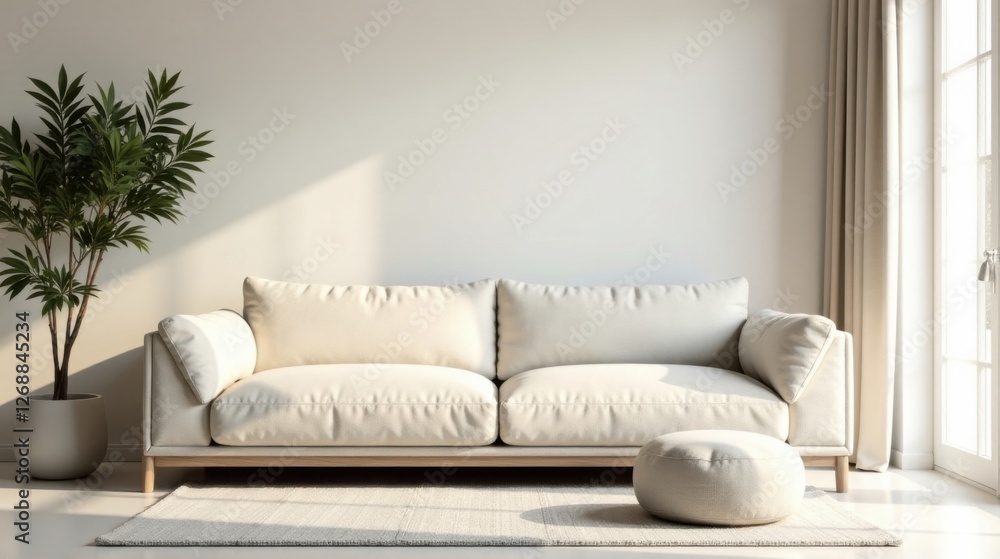 Fototapeta premium Serene Living Room Interior Design Featuring a Comfortable Off-White Sofa and Natural Light