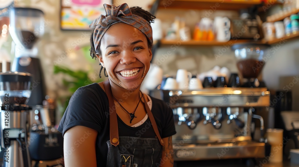 Cheerful coffee shop owner standing behind the counter and looking at the camera. Cheerful coffee shop owner standing behind the counter and looking at the camera.