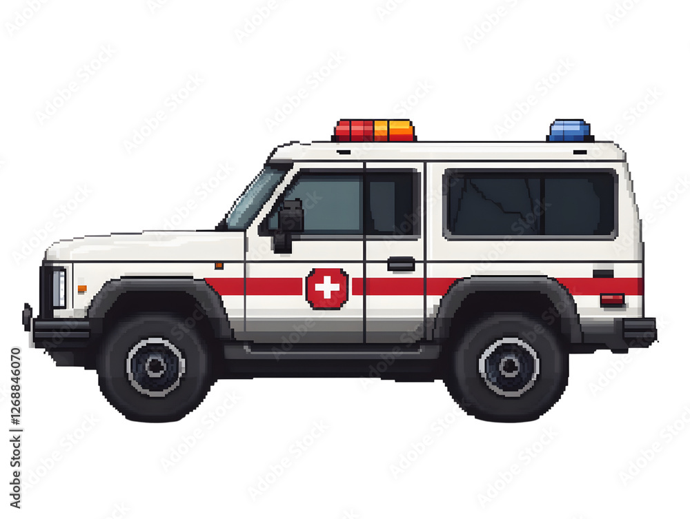 Retro Pixel Art Style Ambulance Vehicle with Red Cross Symbol Retro Pixel Art Style Ambulance Vehicle with Red Cross Symbol