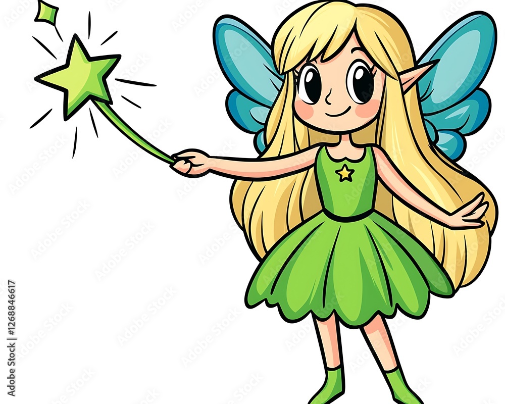 Cute Cartoon Fairy with Green Dress and Magic Wand Illustration Cute Cartoon Fairy with Green Dress and Magic Wand Illustration