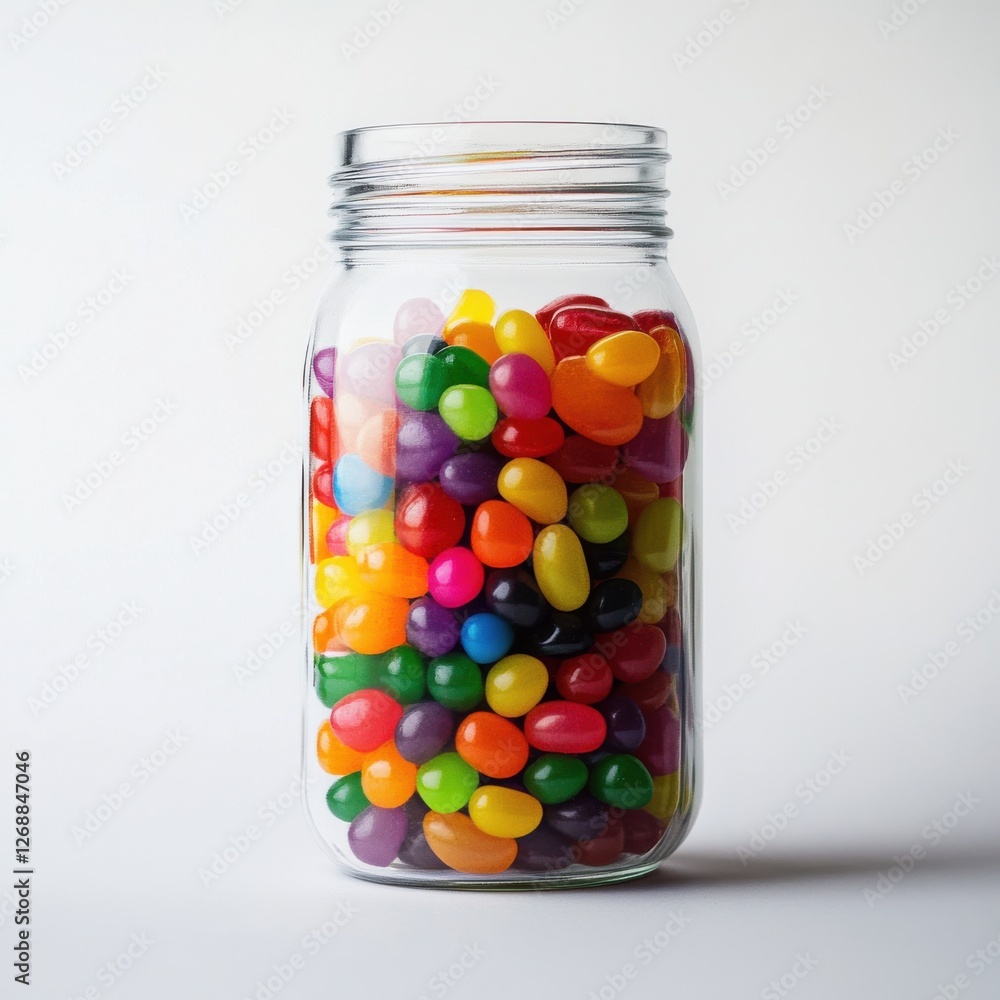 Brightly colored jellybeans filled in a clear jar create a cheerful display on a simple background Brightly colored jellybeans filled in a clear jar create a cheerful display on a simple background