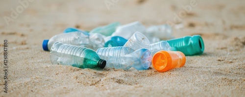 A collection of discarded plastic bottles scattered on sandy beach, highlighting the issue of marine pollution and waste management. photo