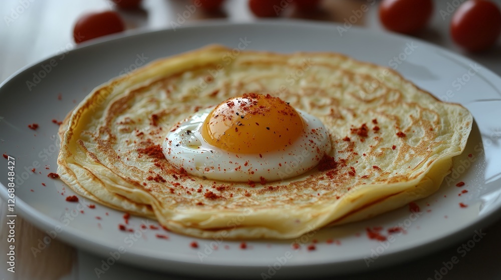 A crepe topped with a poached egg and sprinkled with red seasoning on a white plate. A crepe topped with a poached egg and sprinkled with red seasoning on a white plate.