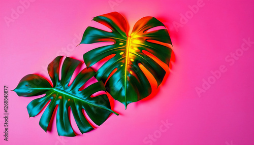 Tres hojas de monstera sobre un fondo rosa