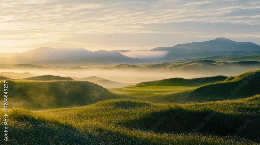 Obraz premium Serene Sunrise Over Rolling Hills And Misty Valleys