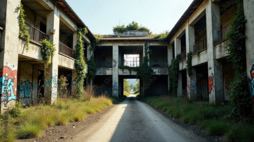 Overgrown Ruins A Deserted Corridor Leading to an Uncertain Destination, Walls Adorned with Graffiti, Nature Reclaiming Abandoned Structures Overgrown Ruins A Deserted Corridor Leading to an Uncertain Destination, Walls Adorned with Graffiti, Nature Reclaiming Abandoned Structures