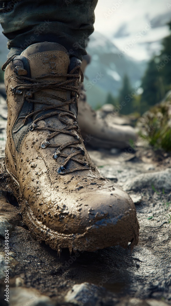 Close-up of muddy hiking boots on rocky terrain in a lush mountain landscape during daylight Close-up of muddy hiking boots on rocky terrain in a lush mountain landscape during daylight