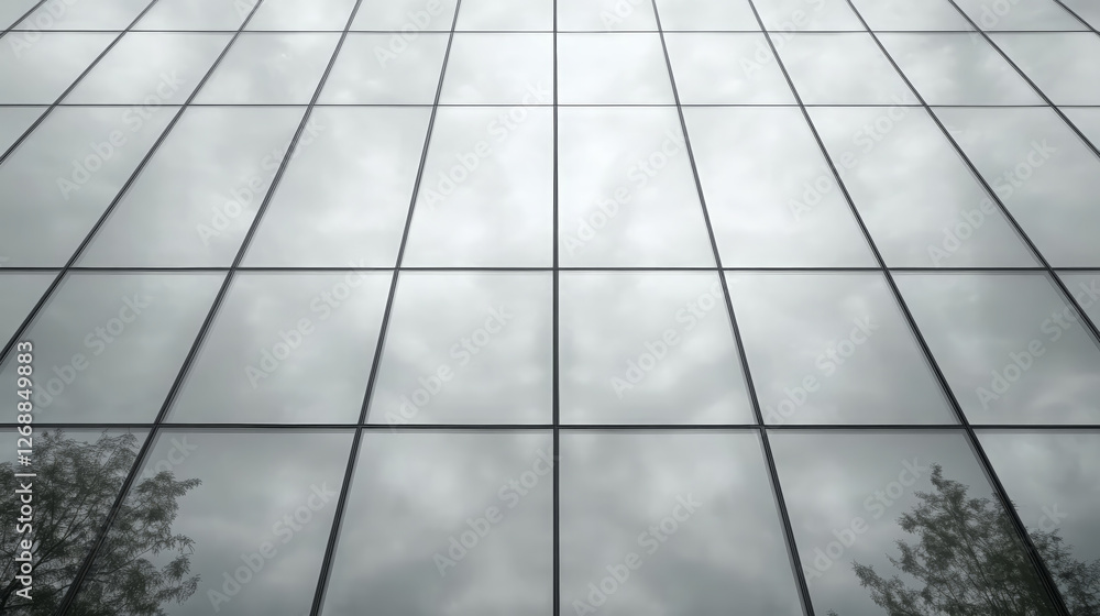 modern glass building reflecting clouds and trees, showcasing grid pattern. sleek design emphasizes symmetry and contemporary architecture modern glass building reflecting clouds and trees, showcasing grid pattern. sleek design emphasizes symmetry and contemporary architecture