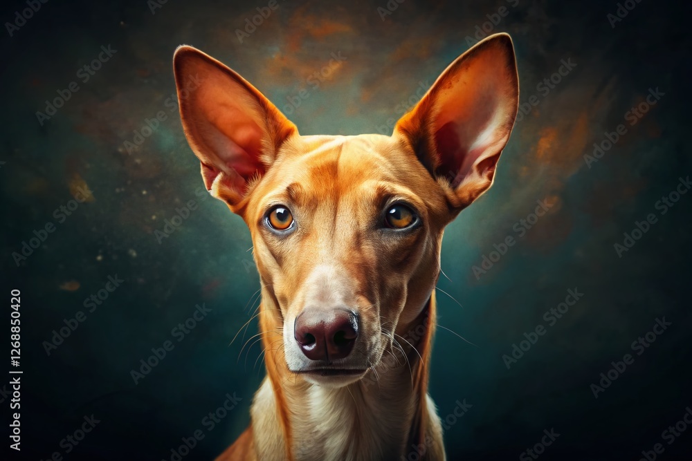 Close-Up Portrait of a Podenco Dog, Intense Gaze, Detailed Fur, Canine Eyes Close-Up Portrait of a Podenco Dog, Intense Gaze, Detailed Fur, Canine Eyes