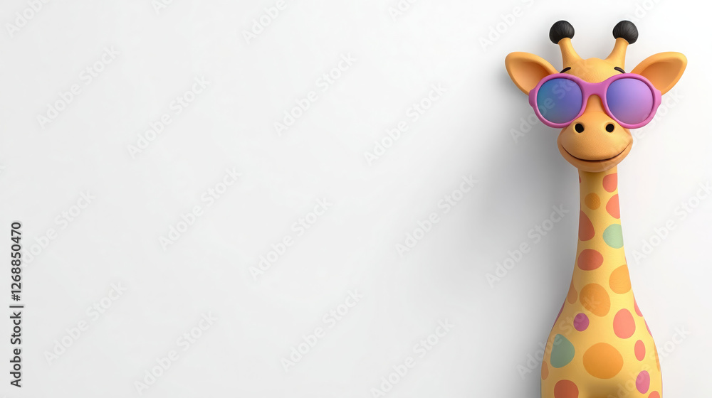 Obraz premium vibrant cartoon giraffe wearing oversized sunglasses, showcasing playful and fun expression against simple background