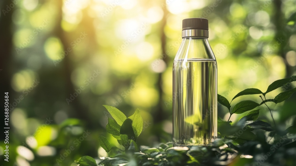 A high-quality sustainable water bottle made from eco-friendly materials, positioned against a nature-inspired backdrop with green foliage and soft lighting A high-quality sustainable water bottle made from eco-friendly materials, positioned against a nature-inspired backdrop with green foliage and soft lighting