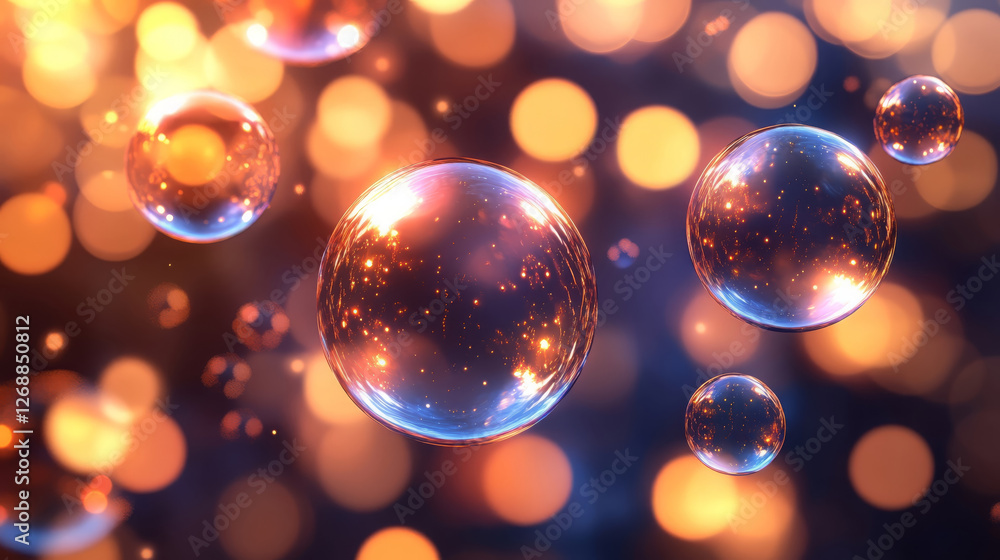 Floating soap bubbles shimmer with vibrant colors against blurred background of warm, glowing lights, creating whimsical and enchanting atmosphere Floating soap bubbles shimmer with vibrant colors against blurred background of warm, glowing lights, creating whimsical and enchanting atmosphere