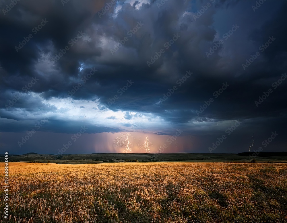 Dramatic thunderstorm illuminates a vast golden field during twilight hours