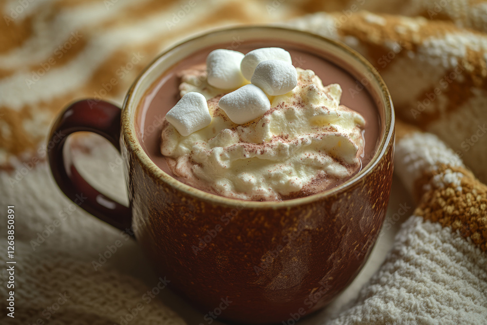 Hot chocolate with whipped cream and marshmallows in a cozy ceramic mug, creating a warm and comforting winter treat. Hot chocolate with whipped cream and marshmallows in a cozy ceramic mug, creating a warm and comforting winter treat.