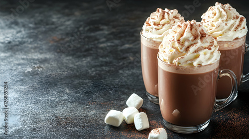 Three mugs hot chocolate whipped cream marshmallows dark background