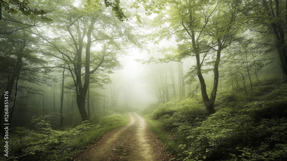 Fototapeta premium Forest background image showing a misty forest path leading into the distance, surrounded by tall trees and lush foliage