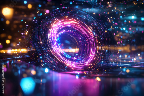 Virtual Dream Portal – A colorful, swirling vortex of digital light, fractal patterns, neon geometric shapes, glitch effects, and a gateway between worlds in virtual reality