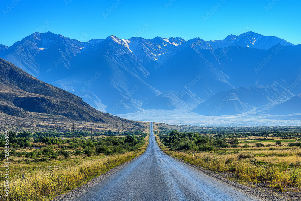 Naklejka premium Endless Open Road Leading to Majestic Blue Mountain Range Under Clear Sky