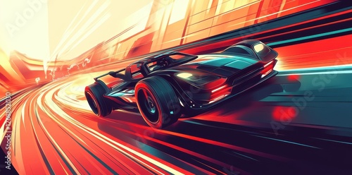 Sleek black race car speeding around a colorful abstract track