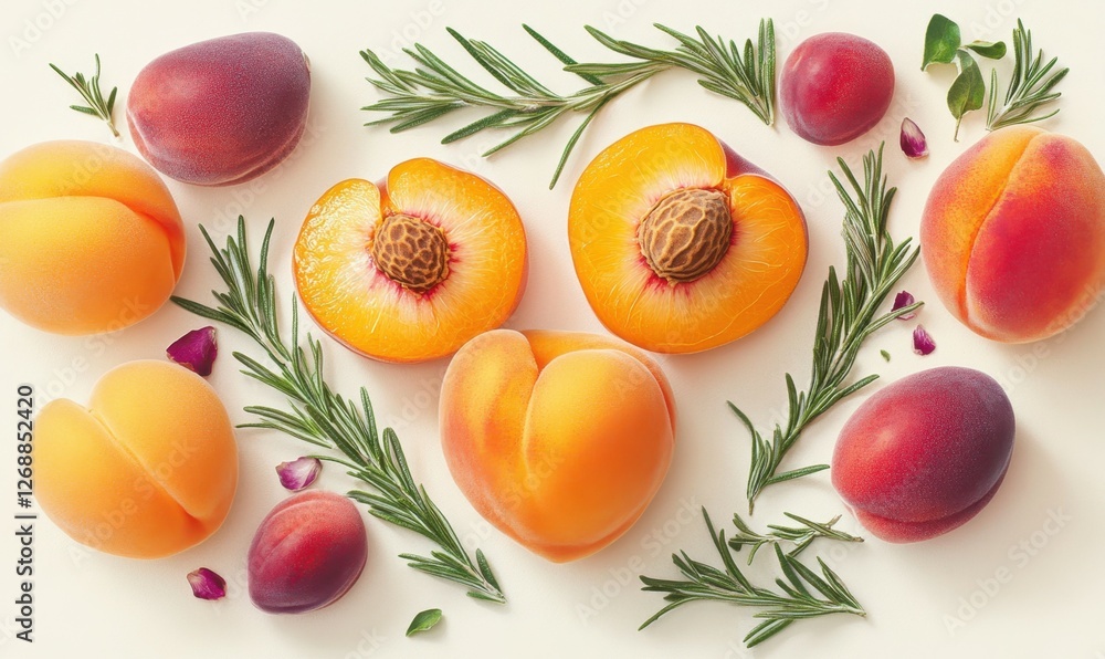 Freshly picked peaches and plums arranged artistically with rosemary and rose petals on a light background Freshly picked peaches and plums arranged artistically with rosemary and rose petals on a light background