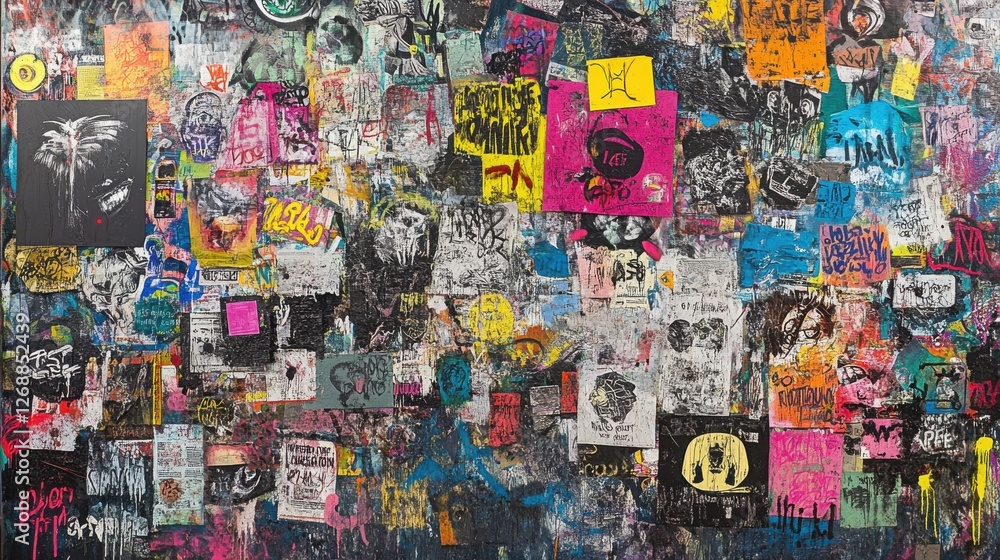 Obraz premium Urban Graffiti and Sticker Art Chaos, Gritty Wall Surface, Collage, Vibrant Colors, Street View, Urban Expression