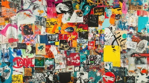Vibrant Urban Graffiti Art Collage, City Wall, Visual Content, Gritty Environment, Close-up View, Street Culture