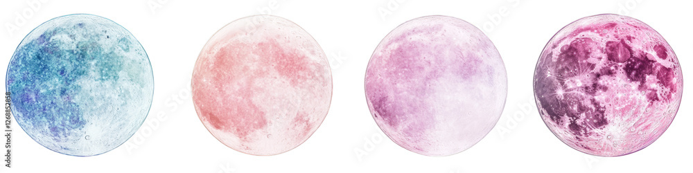 Colorful phases of the moon in blue, pink, purple variations Colorful phases of the moon in blue, pink, purple variations