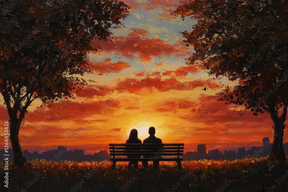 A couple watches the sunset from a park bench, sharing a quiet moment as the day ends. A couple watches the sunset from a park bench, sharing a quiet moment as the day ends.