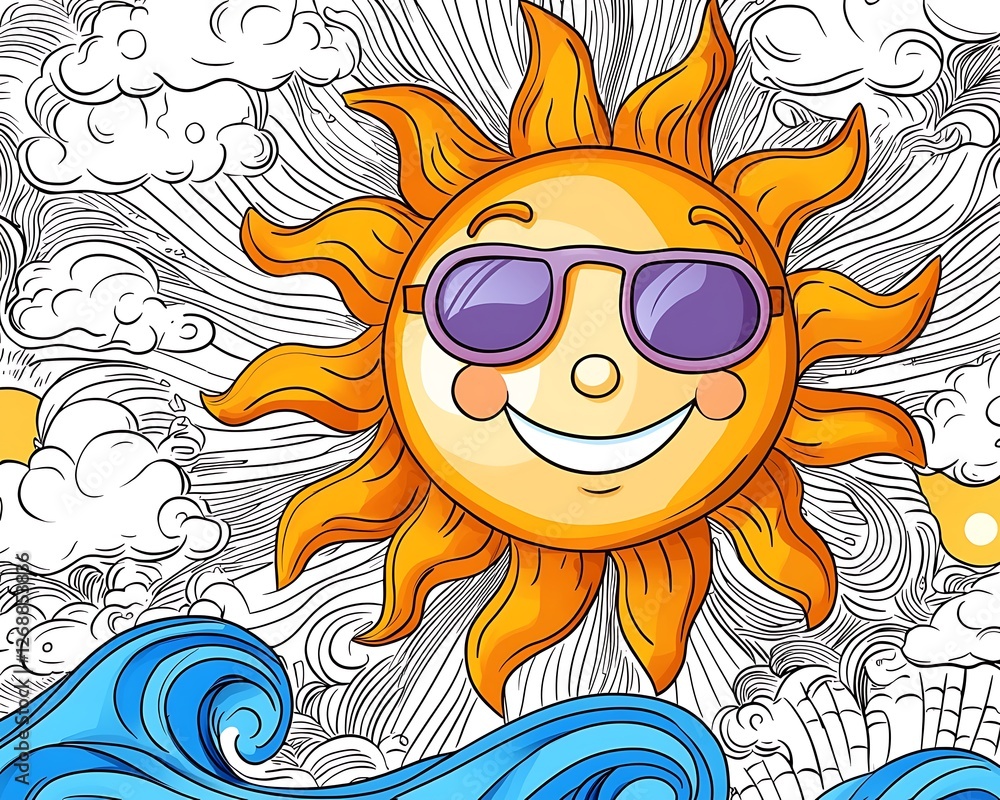 Fototapeta premium Cheerful Sun with Sunglasses Over Waves and Clouds in Colorful Style