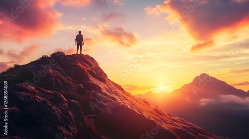 Man on mountain peak sunset landscape.  Travel inspiration