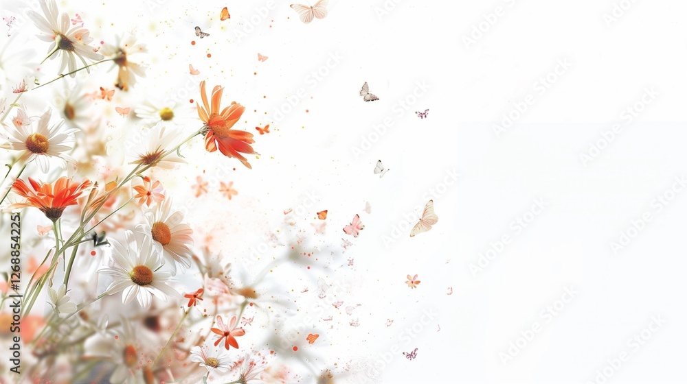 A whimsical border of daisies and butterflies fluttering along the right edge, adding a playful element to the pristine white background. A whimsical border of daisies and butterflies fluttering along the right edge, adding a playful element to the pristine white background.