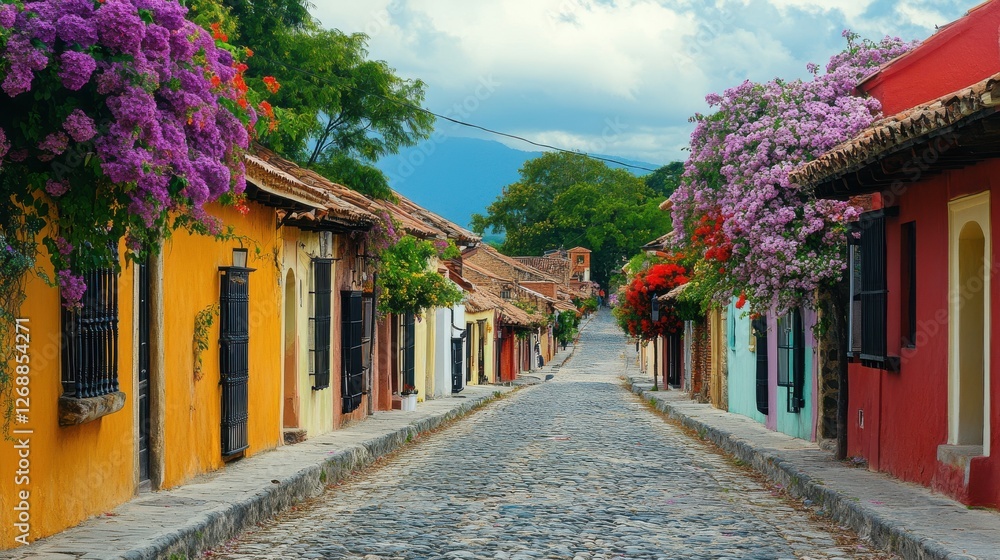 Obraz premium Charming narrow cobblestone street with colorful houses and vibrant flowers in a picturesque town