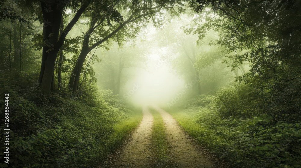 Fototapeta premium Forest background image showing a misty forest path leading into the distance, surrounded by tall trees and lush foliage