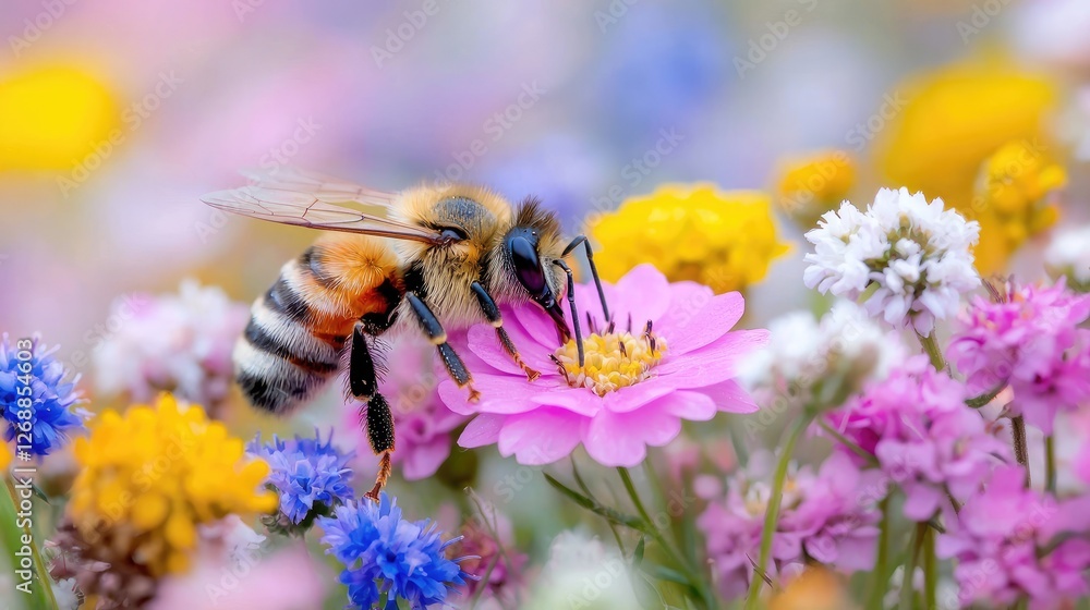 Bee pollinating pink flower in colorful meadow, nature background, spring Bee pollinating pink flower in colorful meadow, nature background, spring