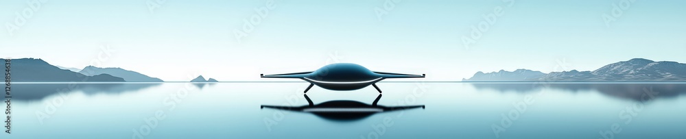 Futuristic Flying Vehicle Over Calm Waters with Mountain Background Futuristic Flying Vehicle Over Calm Waters with Mountain Background
