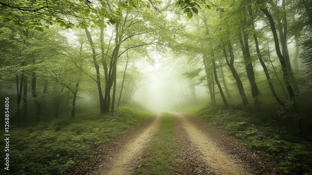Naklejka premium Forest background image showing a misty forest path leading into the distance, surrounded by tall trees and lush foliage