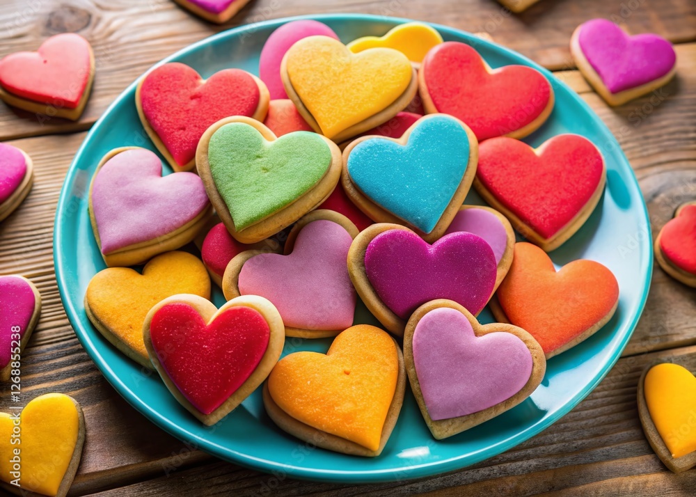 Fototapeta premium Colorful Heart-Shaped Valentine's Day Cookies on Plate